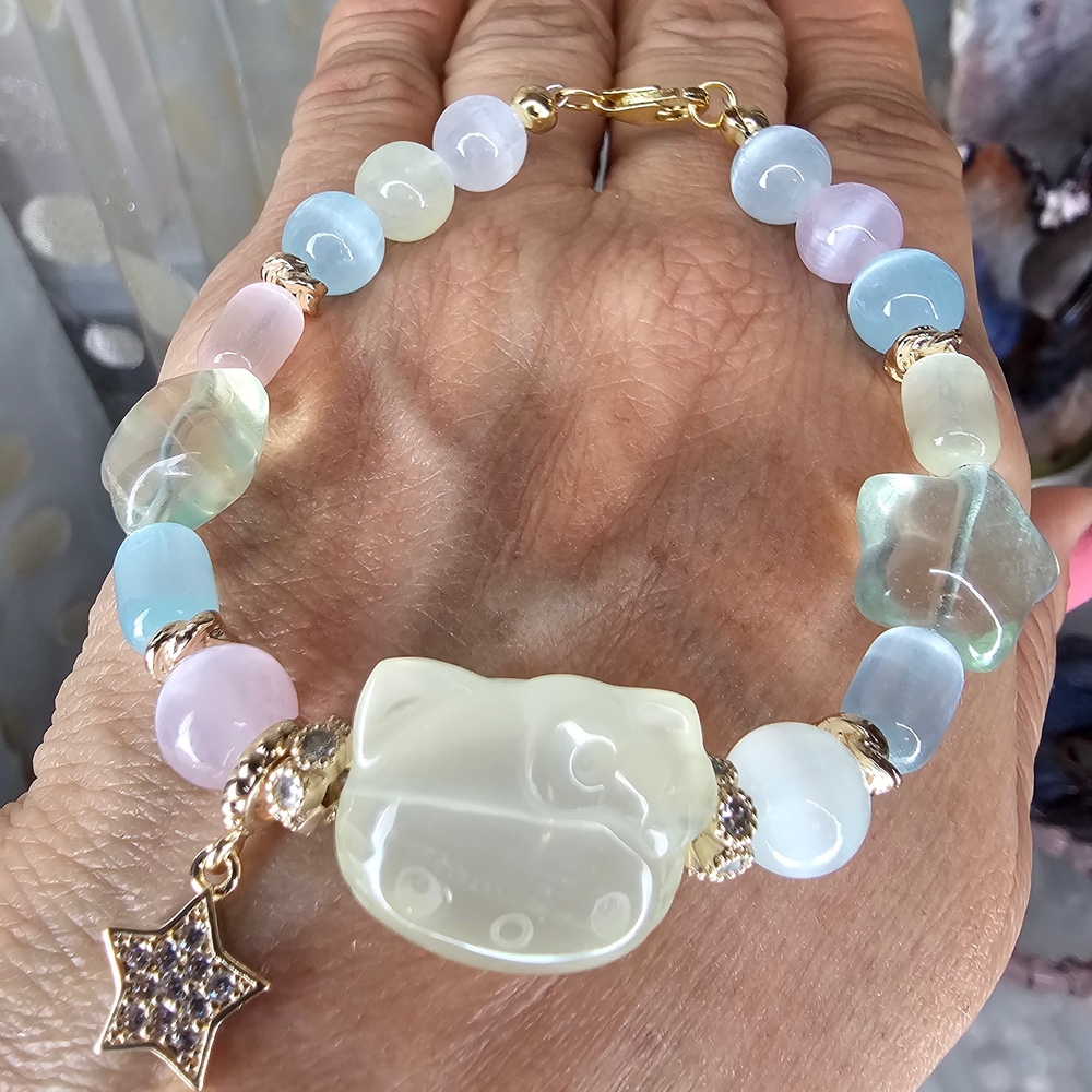 NEW citrine  HELLO KITTYwith Selenite Multicolor Beads Bracelet with Star Charm